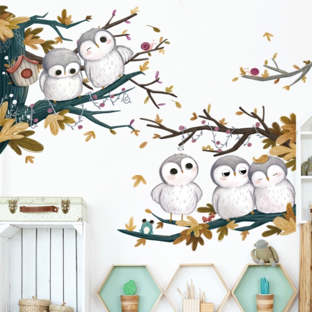 Decal trang trí tường - 5 bạn cú mèo vui vẻ bên nhau