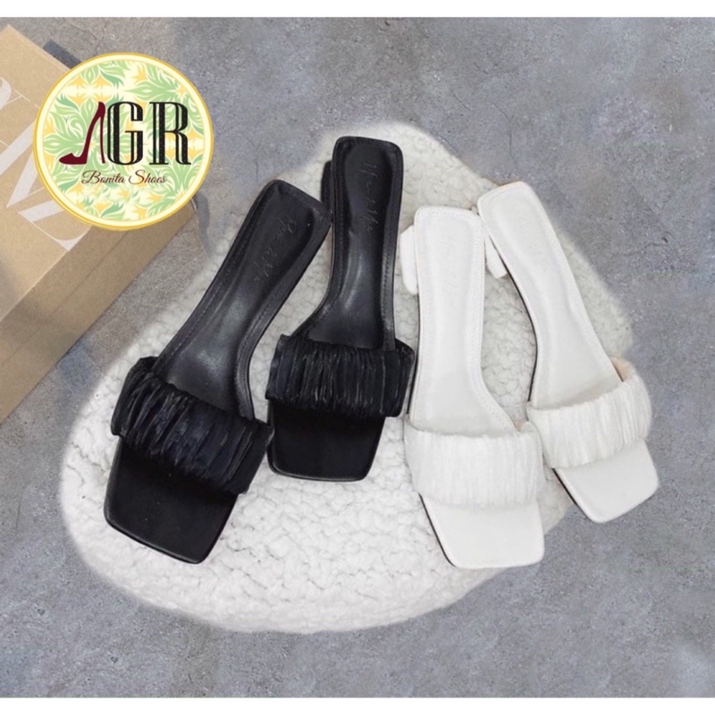 Guốc bản ngang voan nhún gót vuông 5 cm