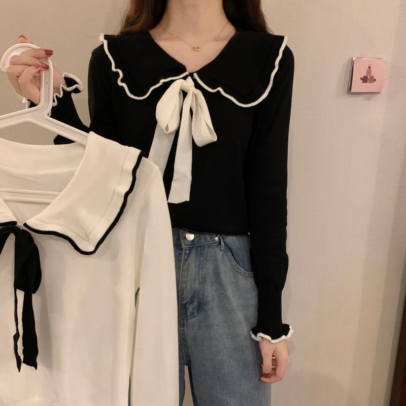 Áo Dệt Kim Nữ Tay Dài Cổ Búp Bê Đính Nơ Phong Cách Hàn Quốc