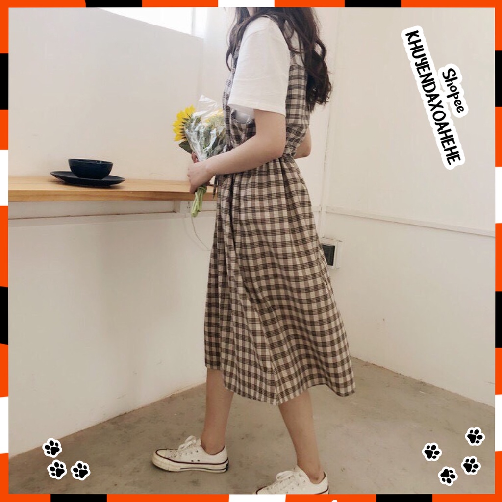 V002 Váy yếm kẻ 2 dây buộc eo ulzzang nhẹ nhàng nữ tính,Váy kẻ caro dáng dài Hàn Quốc cute dễ thương trẻ trung vintage