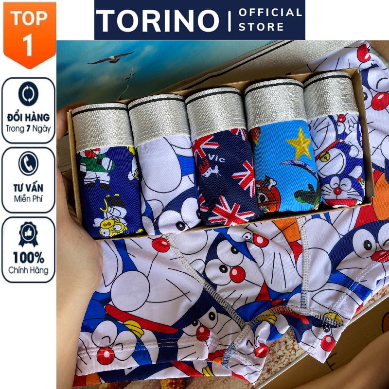Quần lót nam boxer in hình, sịp đùi nam thun lạnh họa tiết hoạt hình Doremon, Shine, siêu nhân, lá cờ