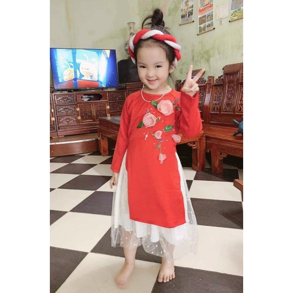 Bộ áo dài và váy cho bé gái từ 9 tháng đến 16 tuổi bằng lụa Tây Thi thêu hoa 3D cực xinh xắn