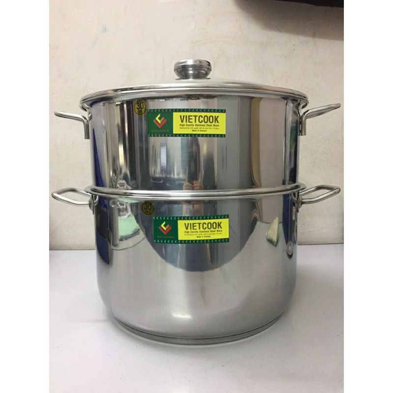 Bộ nồi xửng hấp inox ,xửng hấp inox 2 tầng  nắp kính,nắp inox  VietCook đun bếp từ  size 30 kết hợp chõ hấp đồ xôi