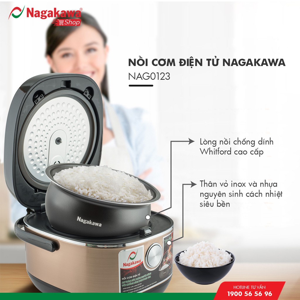 [Mã ELHADEV giảm 4% đơn 300K] NỒI CƠM ĐIỆN TỬ NAGAKAWA 1.5L NAG0123