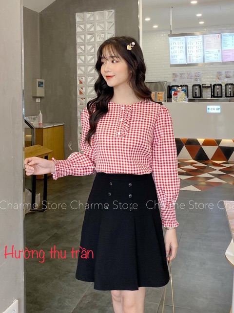 Chân váy xếp li phối cúc dáng ngắn trẻ trung, chân váy công sở trên gối, 6 li 2 hàng cúc nhỡ dài 50cm