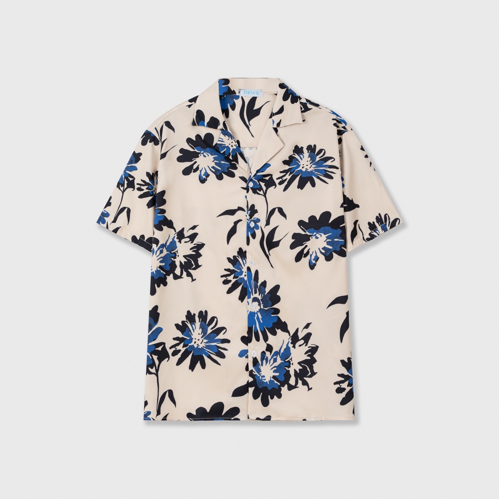 Áo sơ mi ngắn tay DEWE, vải lụa chéo nhập khẩu chống nhắn thoáng mát, hoạ tiết Hoa Đen - DEWE Cuban Shirt