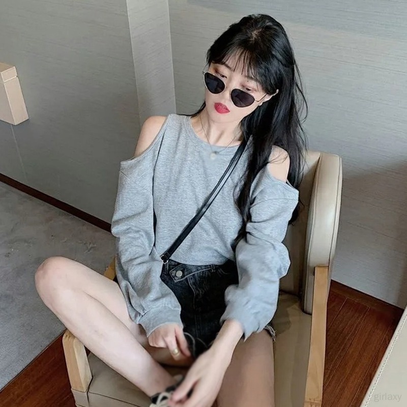 Áo Thun Tay Dài Cổ Tròn Dáng Rộng Hở Vai Màu Sắc Đơn Giản Dành Cho Nữ