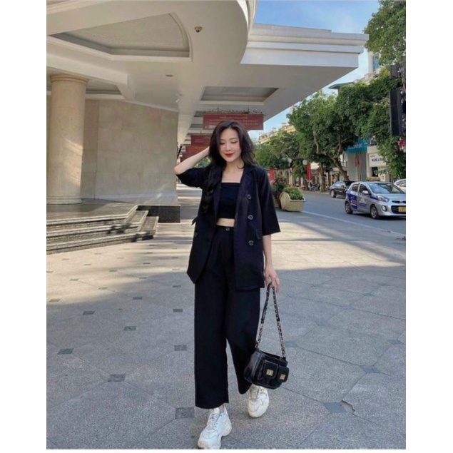 Set vest đen dài 3 món áo ống