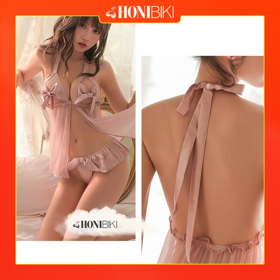 Váy ngủ Sexy - Đầm ngủ siêu mỏng trong suốt đính nơ quyến rũ cho nữ HONIBIKI Mã VN02