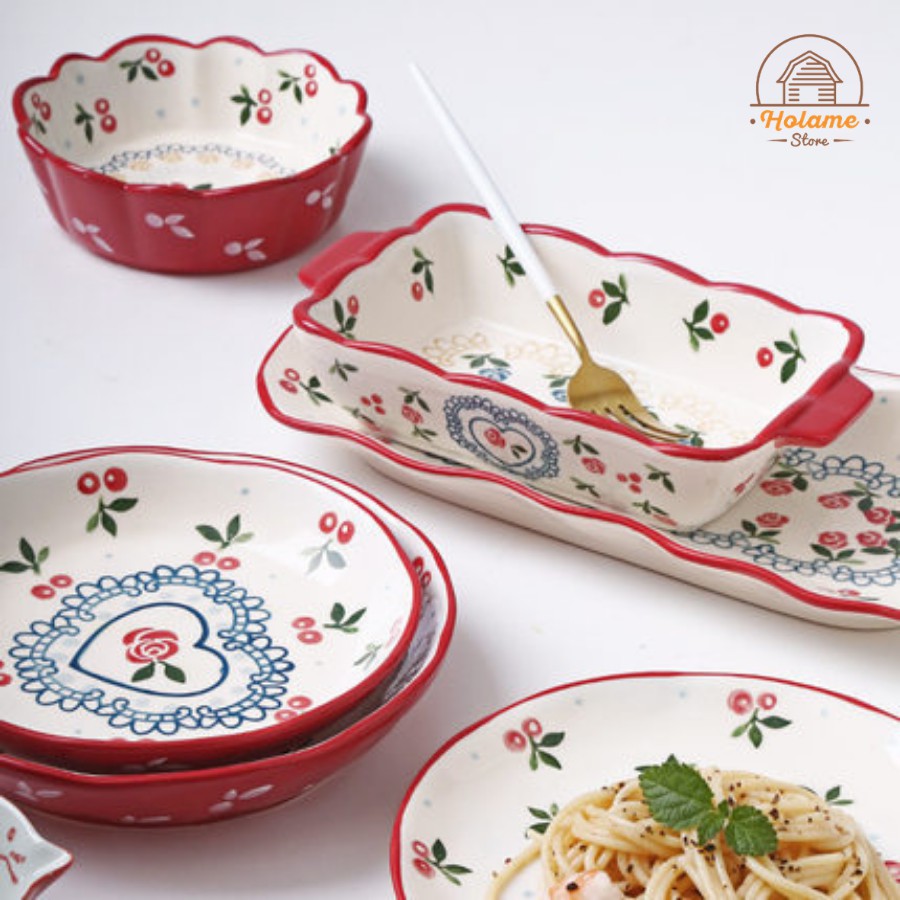 Bát đĩa sứ , chén đĩa decor họa tiết Cherry đỏ phong cách Hàn Quốc Holame
