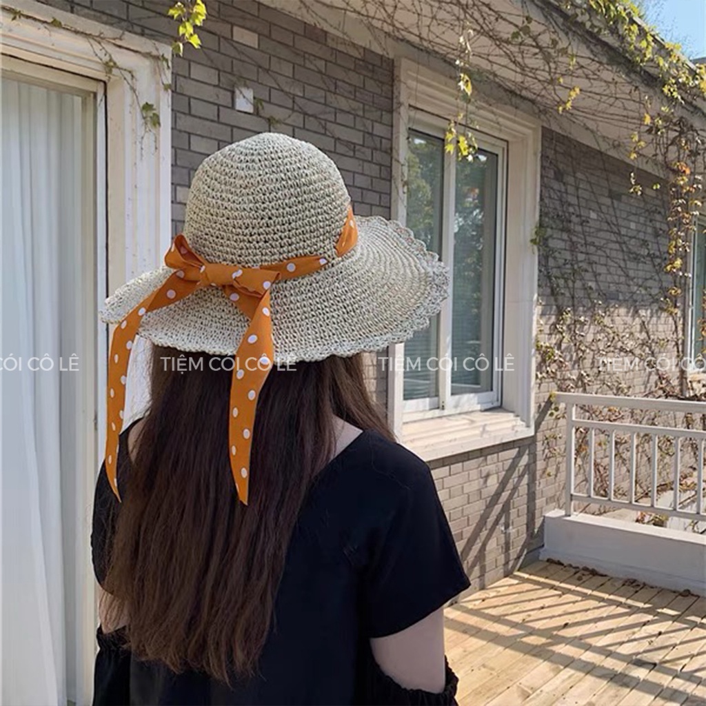 Nón cói rộng vành quai chấm bi đội 2 kiểu đi biển, dã ngoại, chụp ảnh - Tiệm Cói Cô Lê
