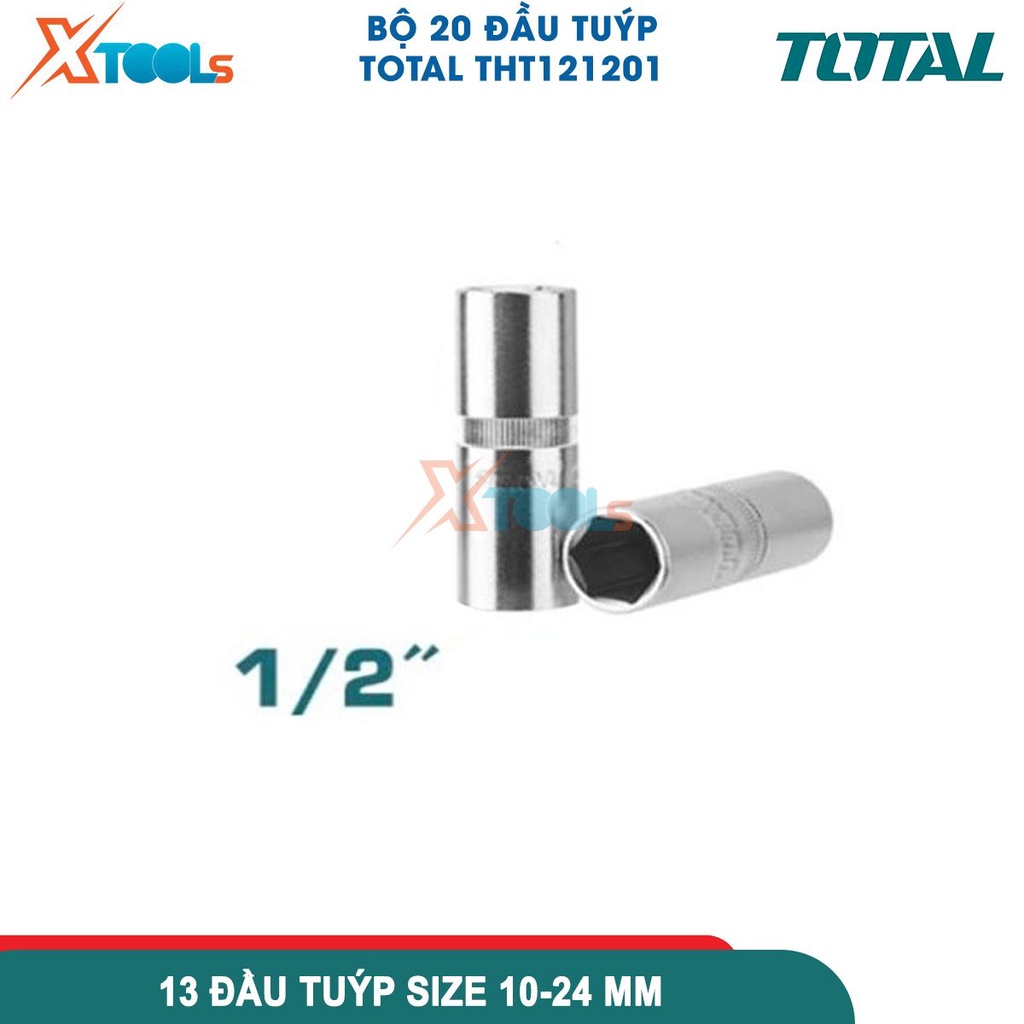 Bộ tuýp 20 chi tiết TOTAL THT121201, Bộ cần siết 2 chiều kèm đầu tiếp kích thước 1/2 mở bu long đai ốc-CHÍNH HÃNG-XTOOLS
