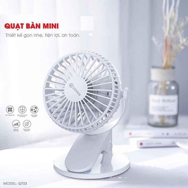 Quạt mini Tích Điện và kẹp bàn 3 tốc độ gió chống ồn chính hãng TITAN