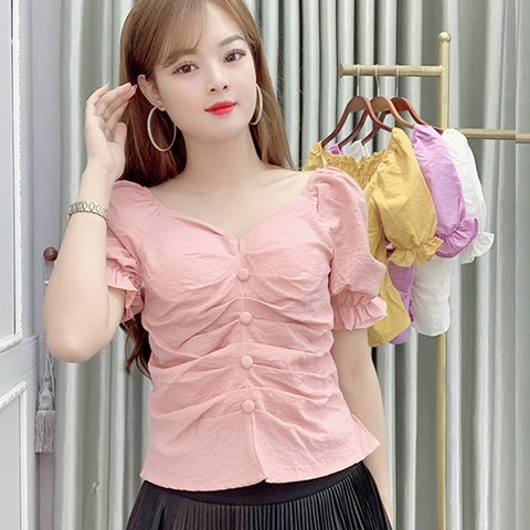 Áo Sơ Mi Nữ Kiểu Công Sở Ngắn Tay Cổ Tim thiết kế - 4 màu: Trắng, Hồng, Tím, Vàng - Hanlly Fashion Thời Trang Nữ - AM29