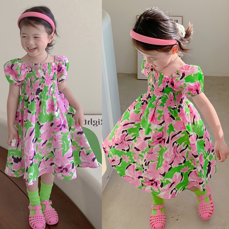 Đầm Công Chúa Tay Phồng Cổ Vuông In Họa Tiết Hoa Dễ Thương Dành Cho Bé Gái
