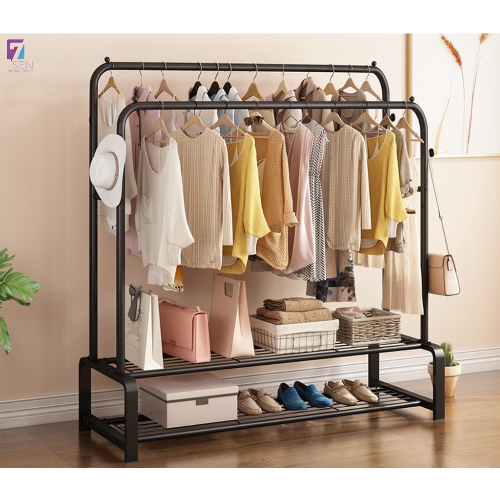 Giá Treo Đồ, Kệ Treo Quần Áo 2 Khung Có Ngăn Để Giày Dép
