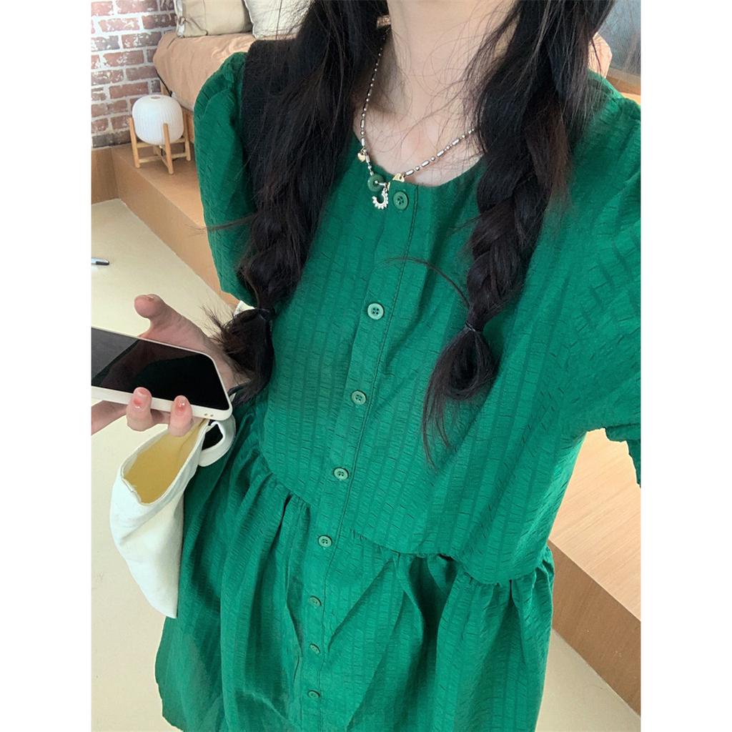 𝗺𝗶𝗲 𝘀𝘁𝘂𝗱𝗶𝗼 - Đầm xanh đậm tay ngắn dáng babydoll cổ tròn dáng freesize