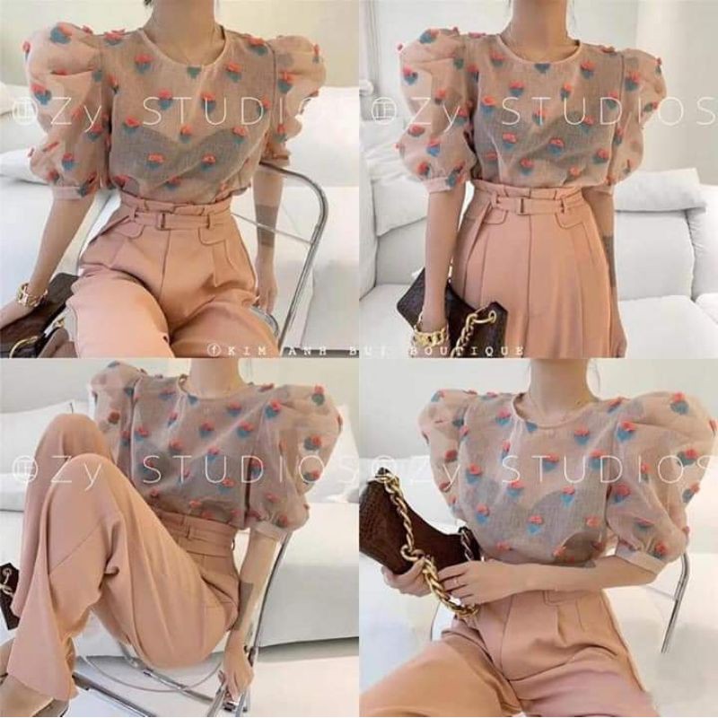 Áo tơ kiểu tay bồng hình quả bông