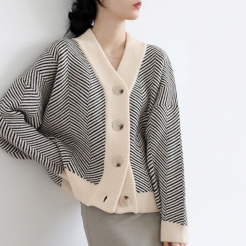 Áo cardigan len hoạ tiết kẻ xương cá ulzzang