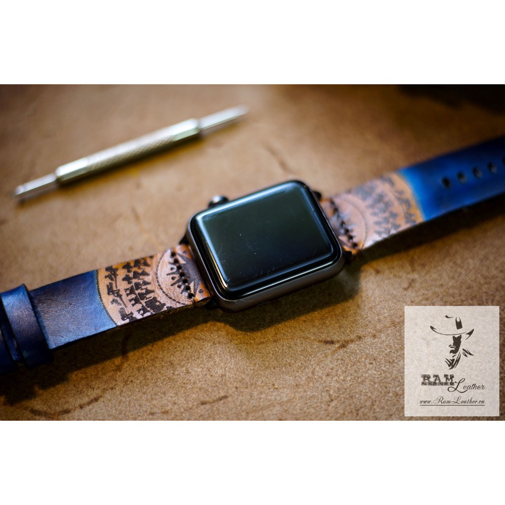 Dây apple watch da bò vegtan Italia xanh navy RAM Leather simple Trống Đồng Việt Nam