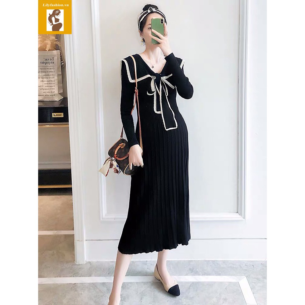 Váy đầm len suông cổ nơ hàn quốc dành cho mẹ bầu sau sinh chất len dày dặn dáng suông ấm áp mùa đông bà bầu