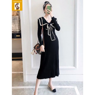 Váy đầm len suông cổ nơ hàn quốc dành cho mẹ bầu sau sinh chất len dày dặn dáng suông ấm áp mùa đông bà bầu