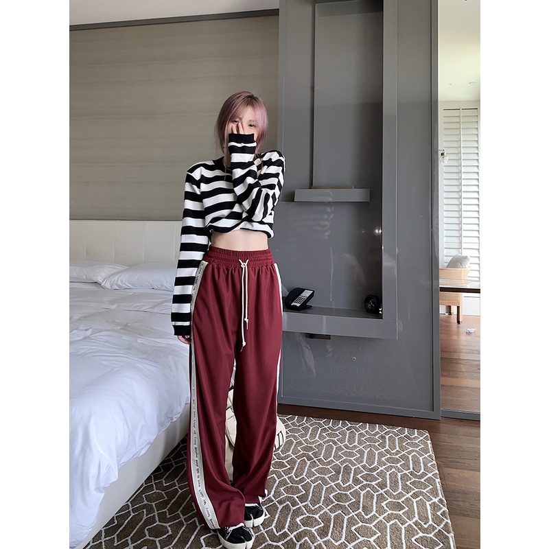 Quần thể thao ống rộng lưng cao phối dây rút phong cách Hàn Quốc cổ điển thời trang cho nữ 2 màu tùy chọn