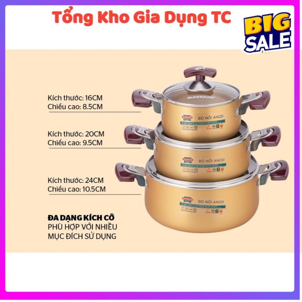 [ Size 16-20-24cm màu vàng] Bộ nồi Anod Sunhouse SH6634 chất liệu nhôm dùng bếp gas bếp hồng ngoại