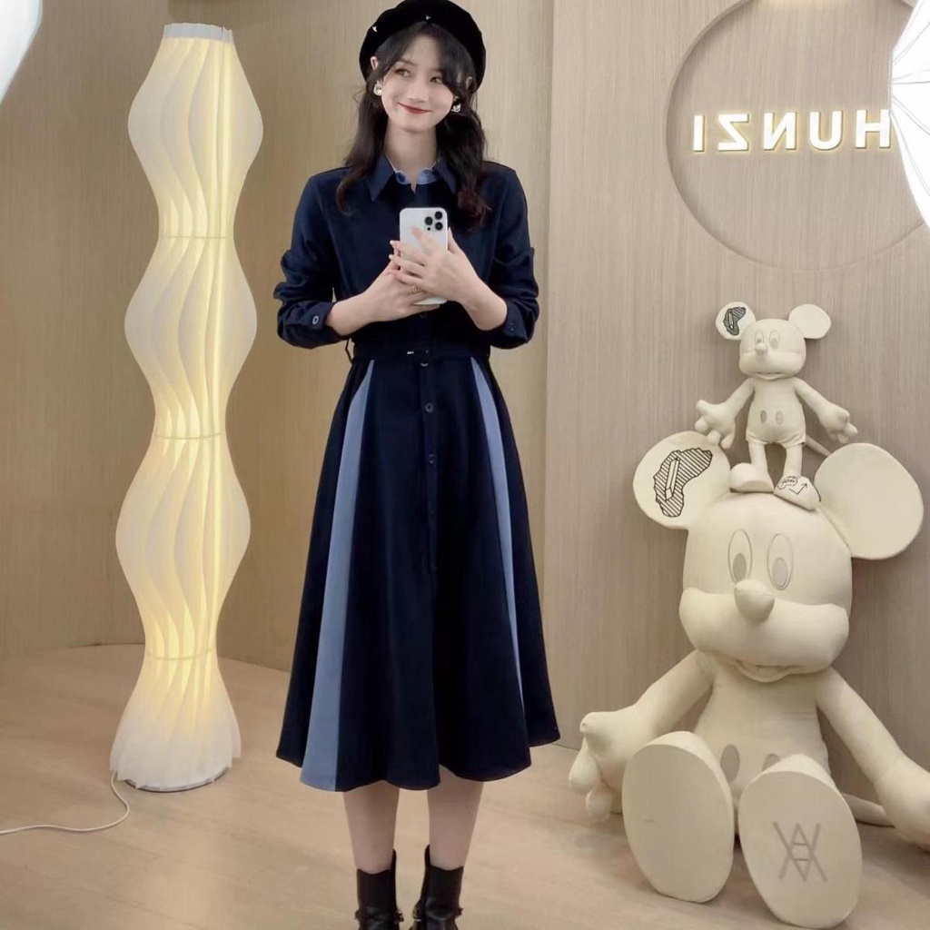 Minority design spelling waist shirt dress 2022 autumn and winter knee-length skirt light extravagant waist skirt