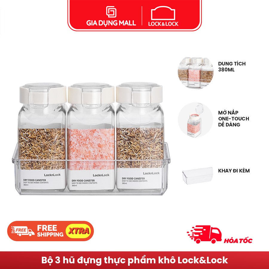 Bộ 3 Hũ Nhựa Trong Suốt Đựng Thực Phẩm Khô Lock&amp;Lock 380ml HTE500NS3 - Kèm kệ đựng hũ - Hàng Chính Hãng