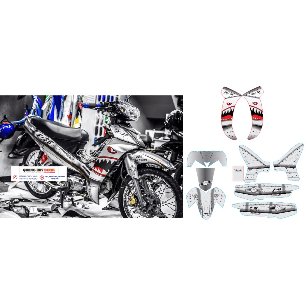 Tem trùm xe sirius xám cá mập, độ team dán phủ decal xe máy spark giá rẻ đẹp