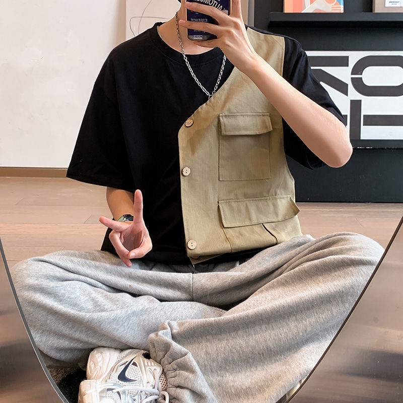 Áo Thun Ngắn Tay Giả Hai Lớp Phối Túi Phong Cách Hàn Quốc Dành Cho Nam