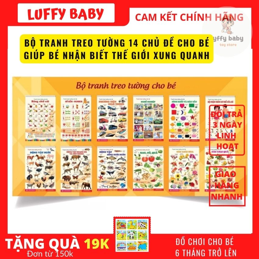 Bộ tranh treo tường 14 chủ đề cho bé nhận biết thế giới xung quanh song ngữ Anh -Việt LUFFY BABY