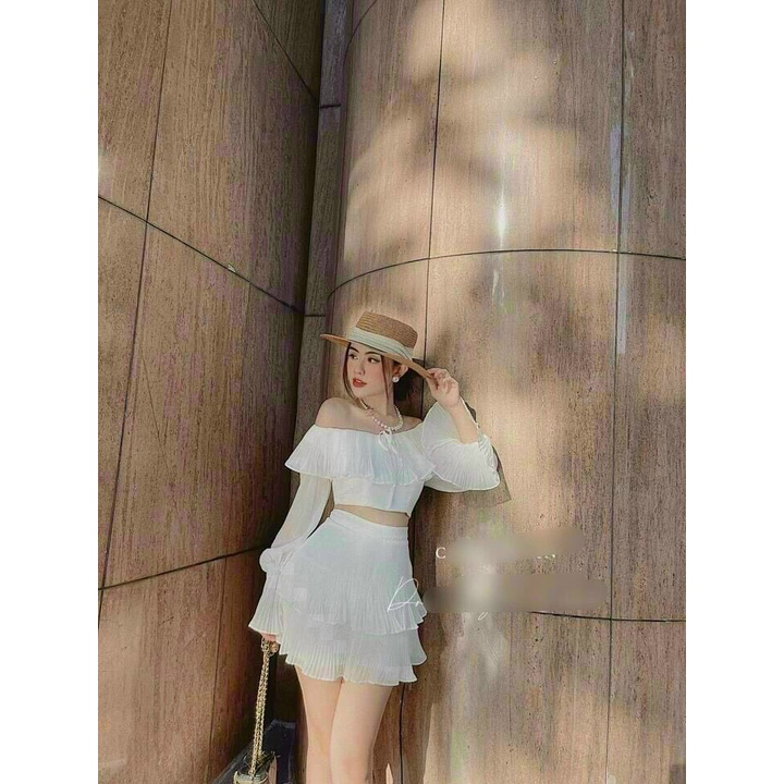 Sét Đồ Nữ Đi Biển Áo Chân Váy Dập Ly Phối Bèo, Set Croptop Sexy Cách Điệu Siêu Xinh Thời Trang Nữ Minh Phúc