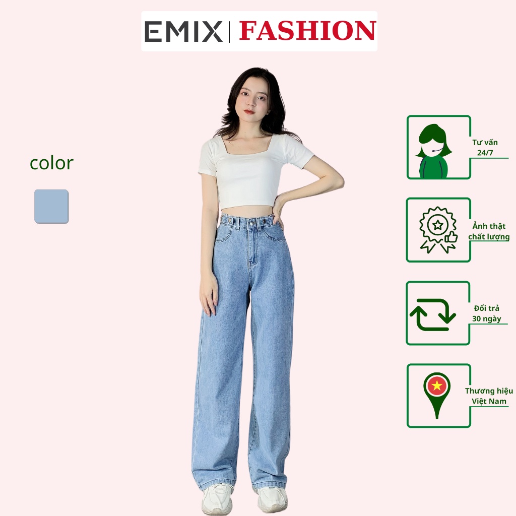 Quần jean nữ đai tròn EMIX (2 màu),  dáng suông dài, cạp cao, ống vừa, vải jean loại 1 giặt không phai màu 9003