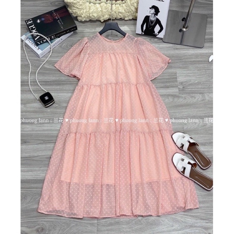 Đầm babydoll dáng suông siêu xinh hoạ tiết chấm bi, váy xinh dáng rộng bầu bì bon chen được