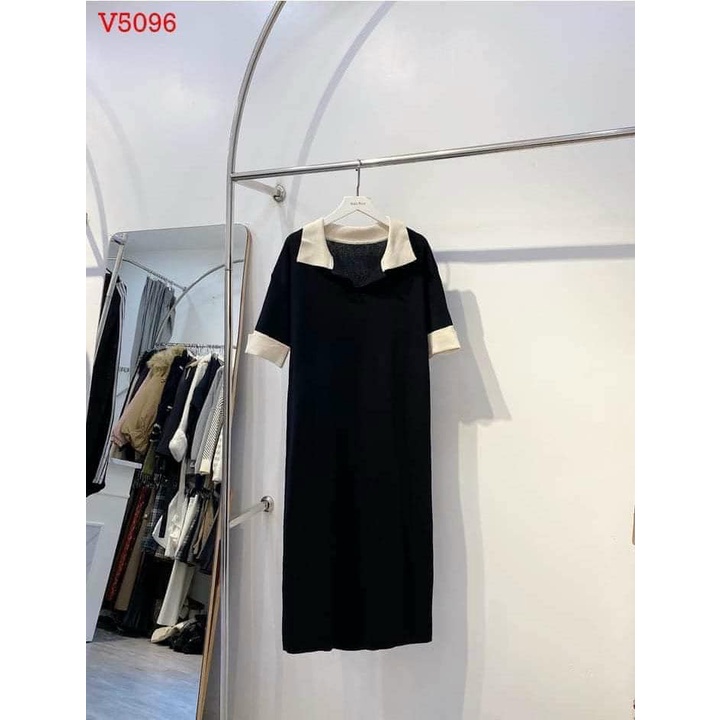 Váy polo nữ đầm suông dài maxi cổ bẻ đen phối be chất cotton mịn mát nhẹ trend 2022