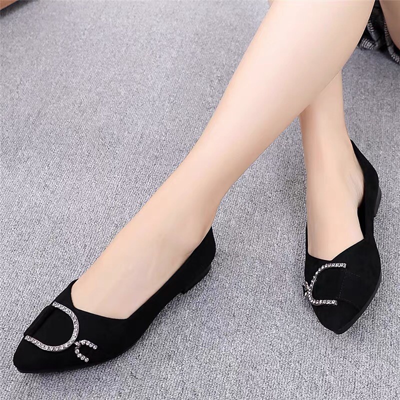 Giày nữ đế bệt mũi nhọn phối khoá mẫu mới hottrend-giày búp bê da lộn siêu mềm êm chân