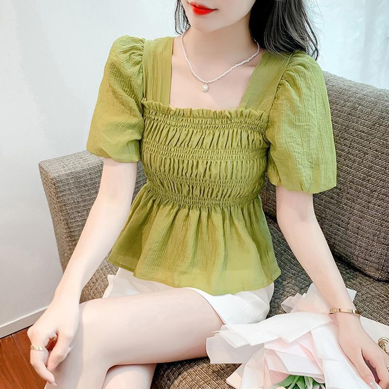 Áo Chiffon Tay Phồng Ngắn Cổ Vuông Thời Trang Mùa Hè Xinh Xắn Cho Nữ