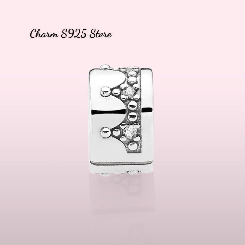 charm pan khoá chặn vương miện đính đá trắng bạc s925