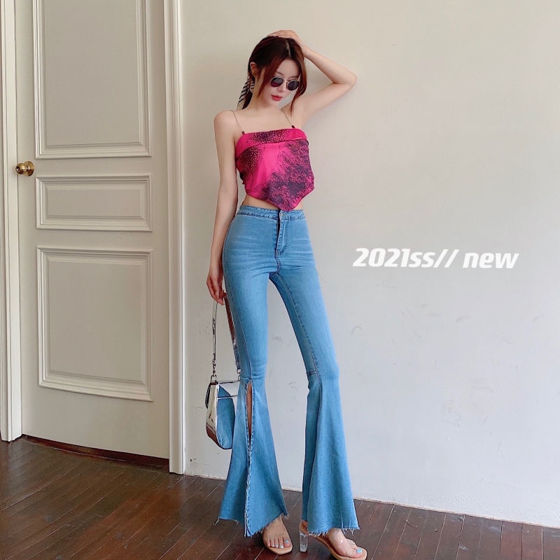 Jiashucheng Hyuna Quần Jean Dài Ống Loe Xẻ Tà Cạp Cao Ôm Dáng Phong Cách Mùa Xuân Mới Cho Nữ