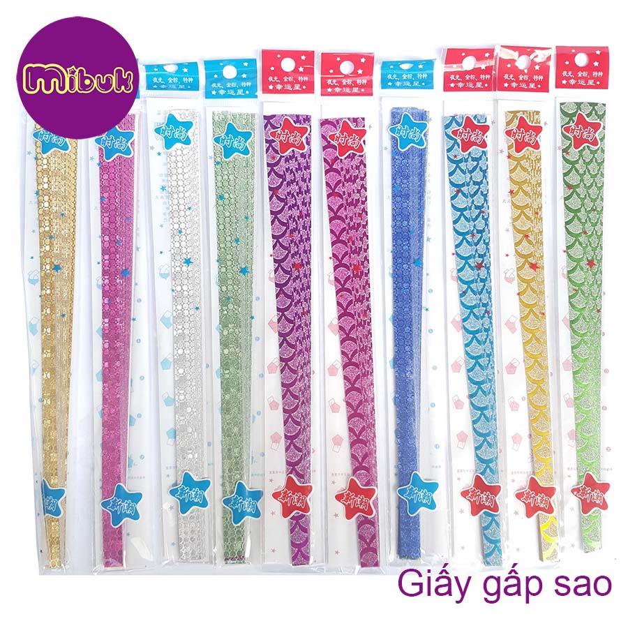 Giấy gấp sao kim tuyến lấp lánh có họa tiết đẹp, giấy xếp sao tép