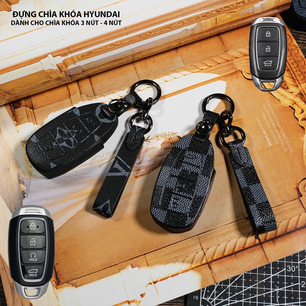 Đựng smartkey Hyundai Accent Kona Santafe 4 nút bấm handmade da thật HC4V AD có tay cầm