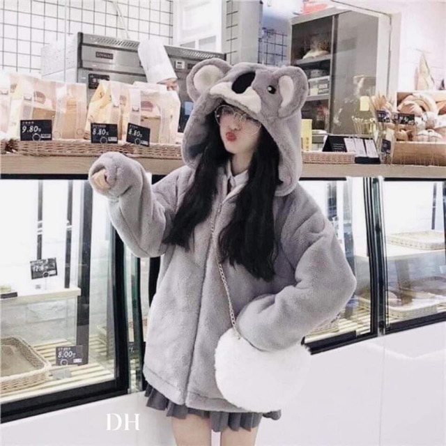 Áo khoác mũ lông gấu xám 2 lớp
