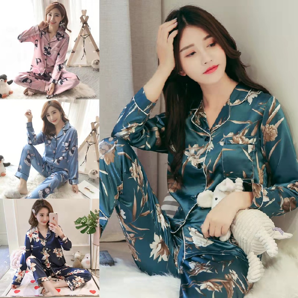 Bộ Đồ Ngủ Vải Lụa Satin Tay Dài In Hoa Cỡ Lớn M-5XL Thời Trang Quyến Rũ Cho Nữ