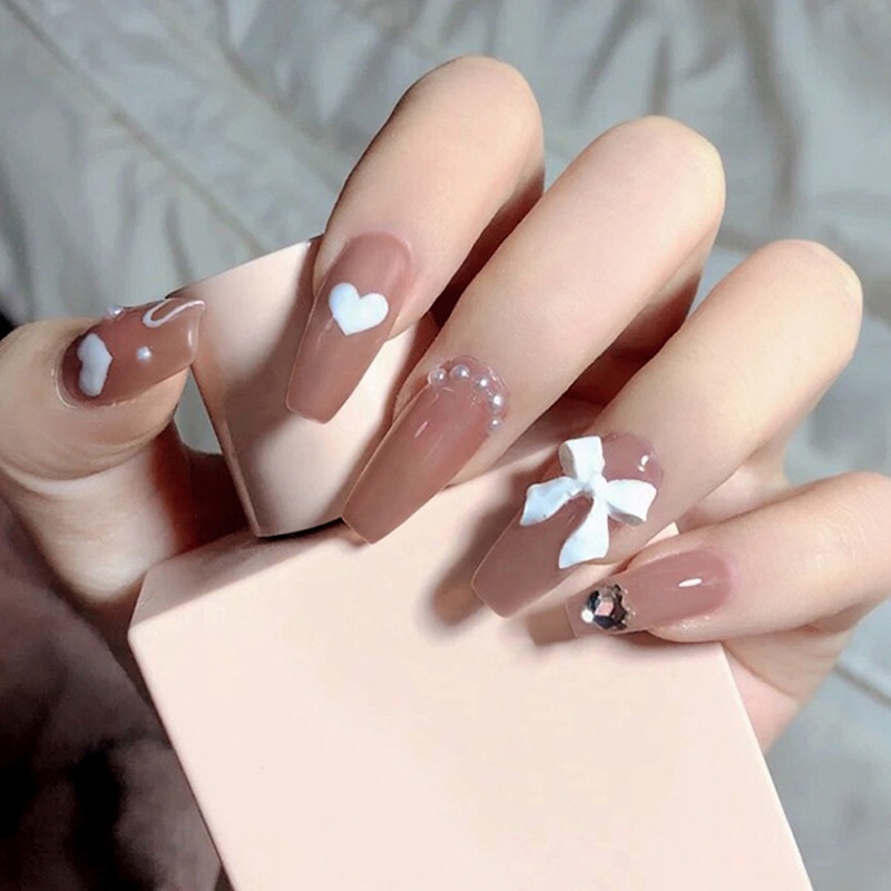 Móng giả đính đá FL Nail nhọn dài móng tay giả đính đá kèm keo cao cấp giá rẻ bộ móng tay giả kèm keo