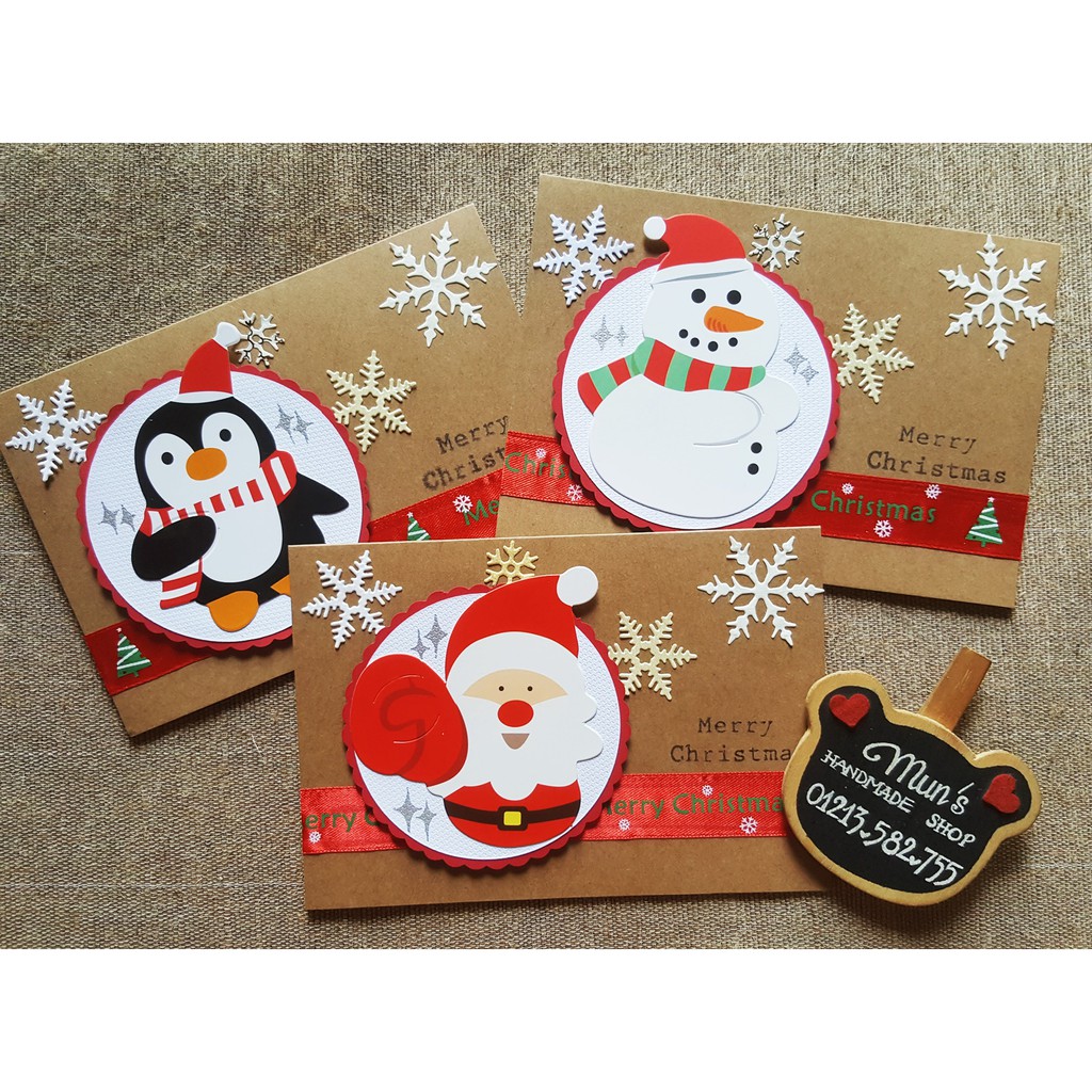 [6 MẪU] Thiệp Giáng Sinh handmade giấy Kraft - cánh cụt, người tuyết, ông già Noel