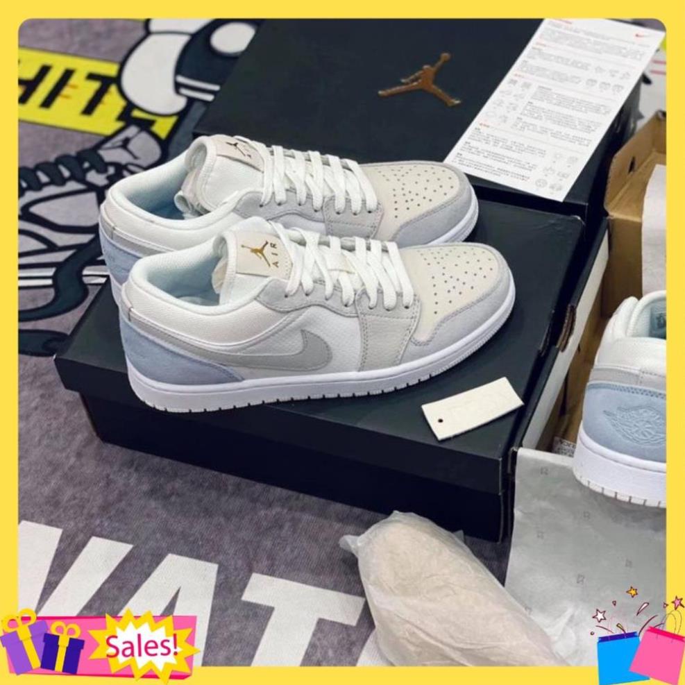 🇪🇺 👙 Giày Jordan cổ thấp màu xám gót xanh nam nữ, Giày Jordan 1 low PARIS bản đẹp full box bill