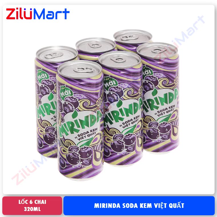 [HỎA TỐC HCM] Lốc 6 lon nước ngọt Mirinda vị soda kem việt quất loại 320ml