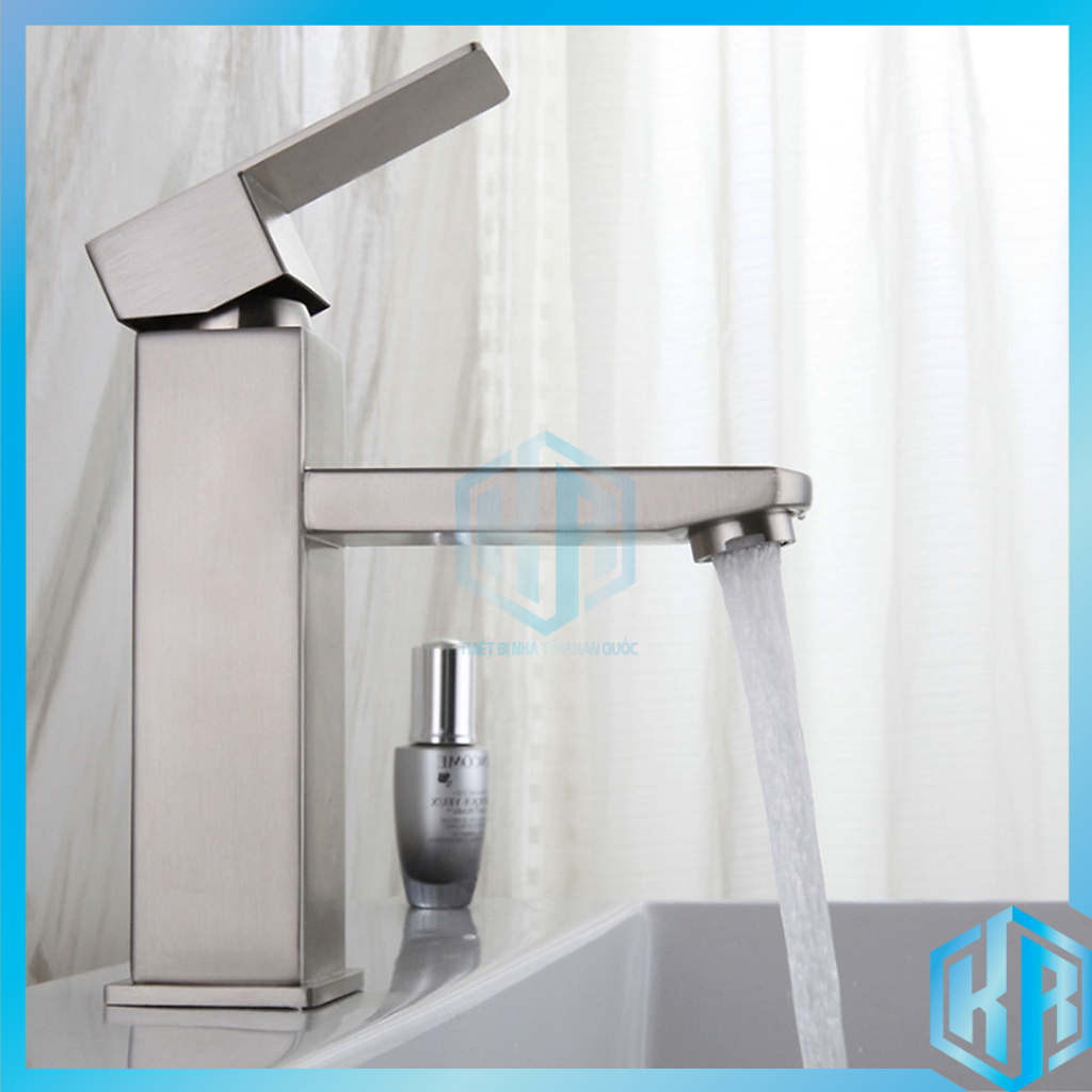 Vòi lavabo nóng lạnh inox 304 trụ vuông 18cm màu trắng mờ đặc trưng của inox phay cao cấp, sang trọng, lịch lãm